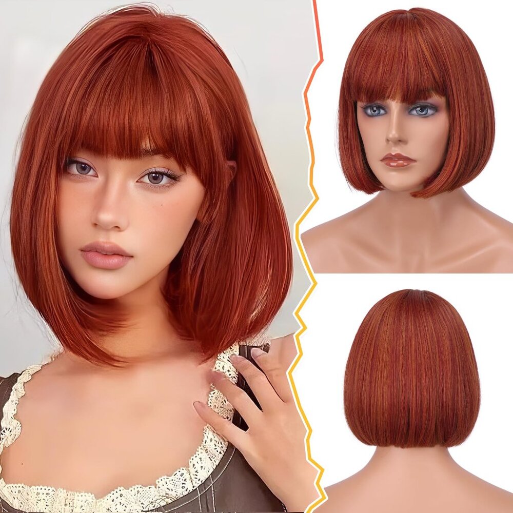 NEW BARSDAR Short Copper Bob Wig with Bangs - Short Auburn Bob with Bangs 12"